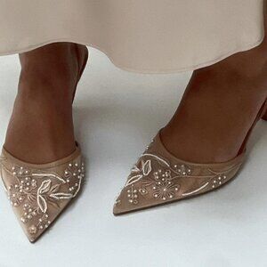 Zara Embroidered Mesh Slingback Heels Brown Size 10 Pointed Toe NWT Party Bridal